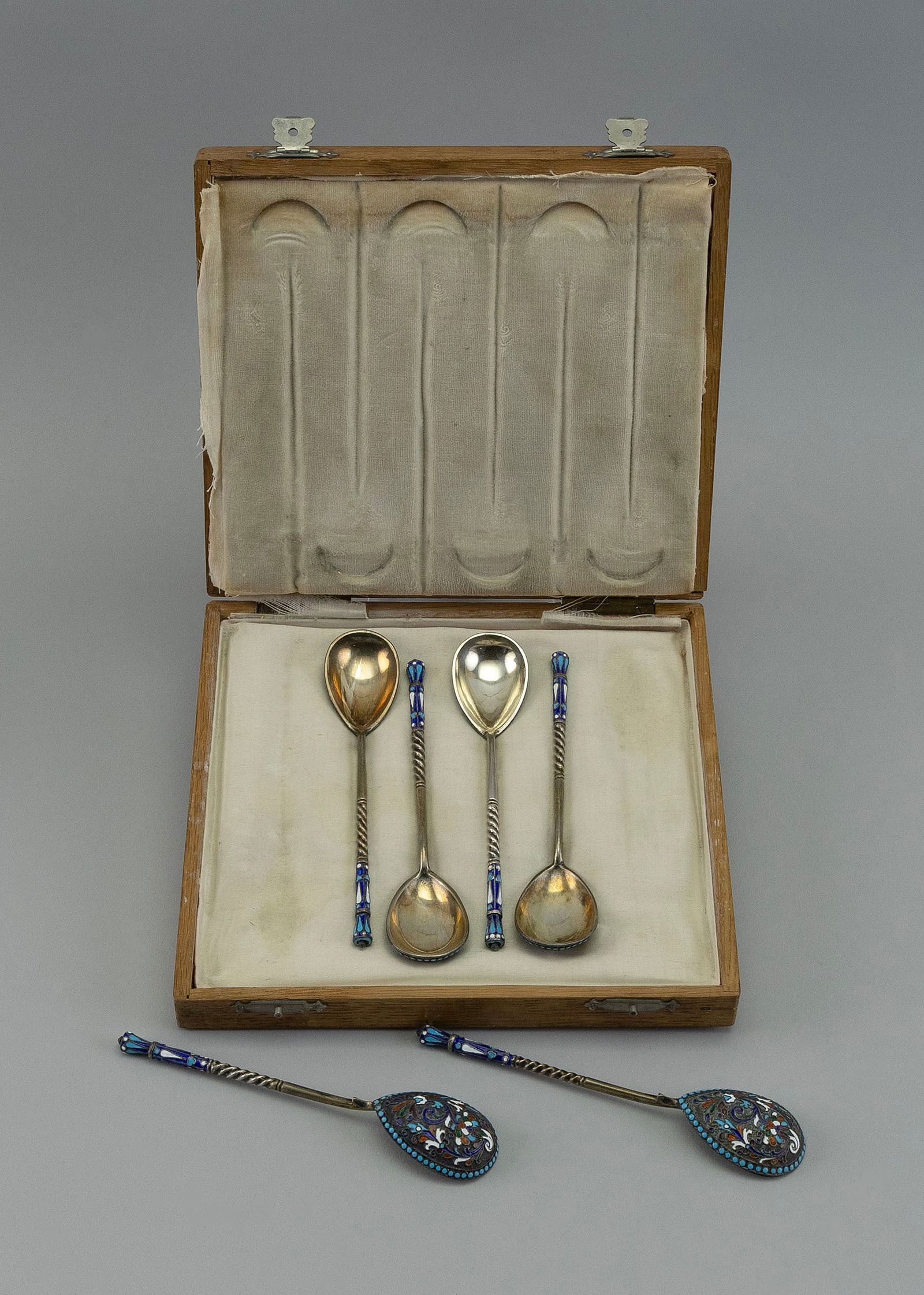 CASED SET OF SIX RUSSIAN SILVER AND ENAMEL SPOONS Late 19th/Early 20th Century Lengths 5.25". (1 of 4)