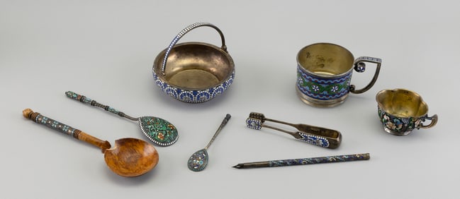 EIGHT RUSSIAN SILVER AND ENAMEL ITEMS Late 19th/Early 20th Century