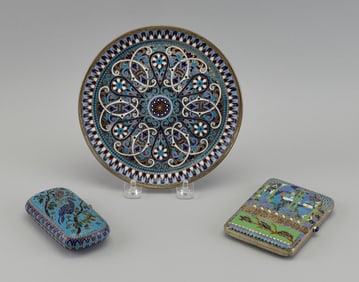 THREE RUSSIAN SILVER AND ENAMEL ITEMS Two are 20th Century, Plate is 19th Century