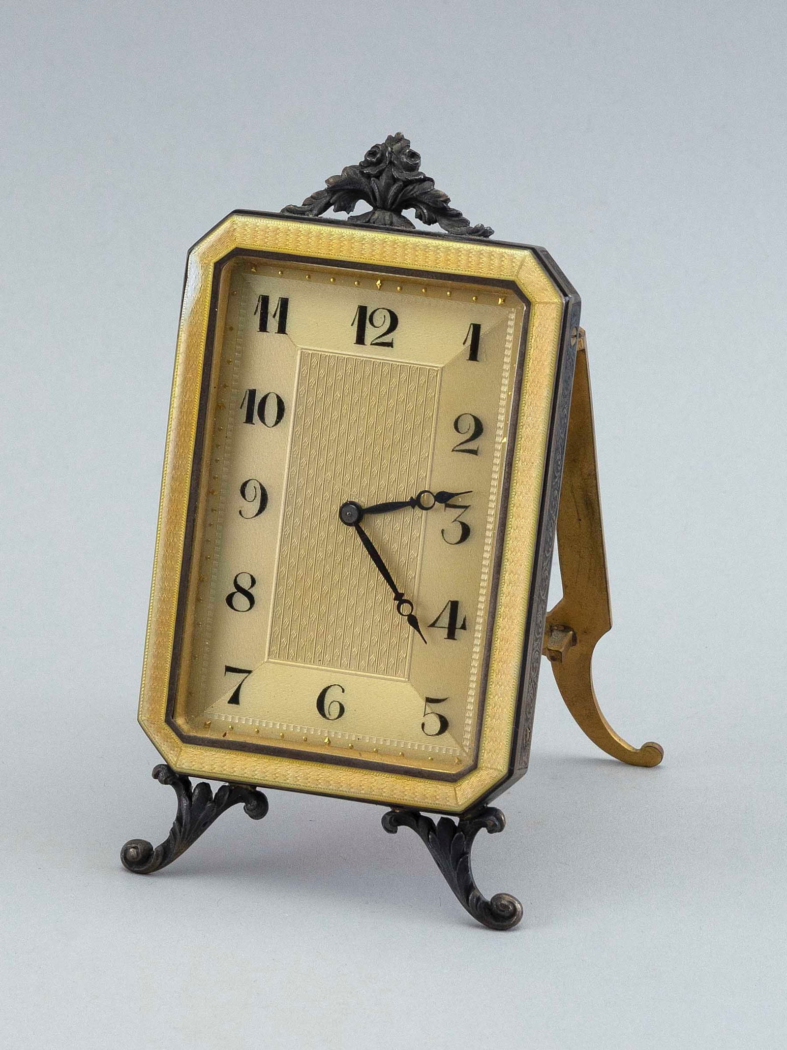 GUILLOCHE ENAMELED STERLING SILVER DESK CLOCK Switzerland, Early 20th Century Height 4.5". Width (1 of 2)