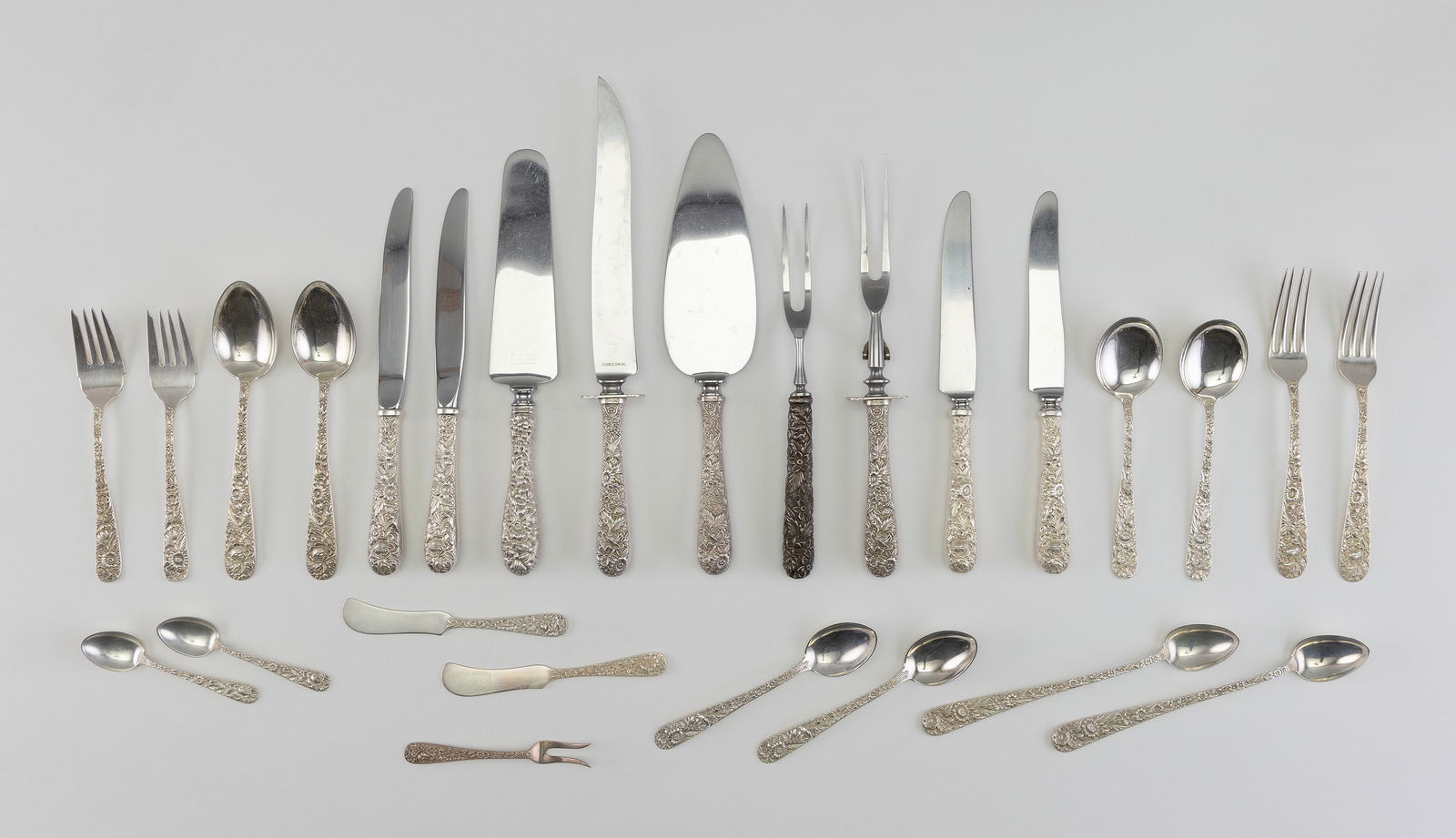 S. KIRK & SON REPOUSSE STERLING SILVER FLATWARE SERVICE FOR TWELVE Baltimore, Early to Mid-20th (1 of 1)