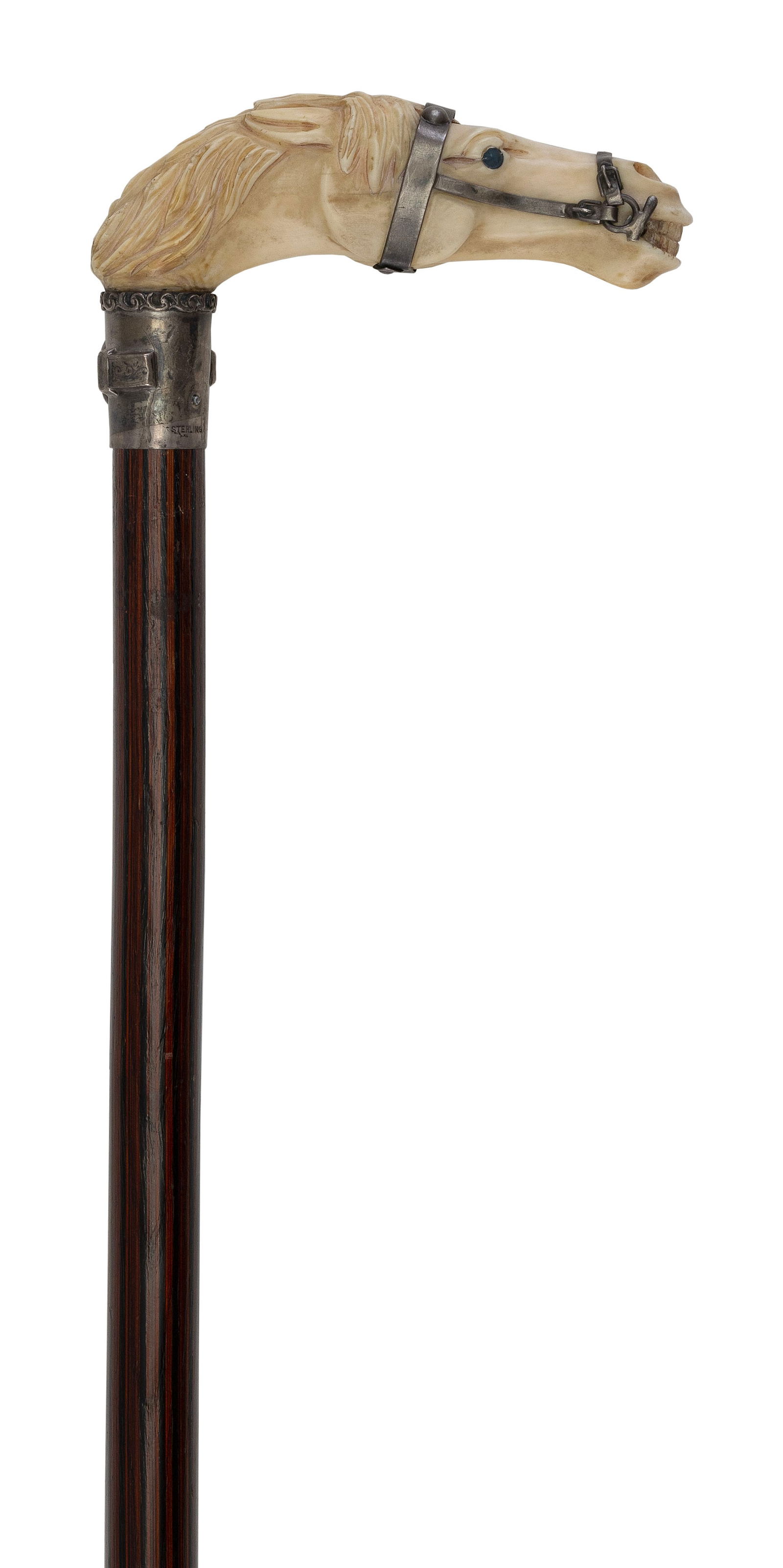 STERLING SILVER-MOUNTED HORSE'S-HEAD CANE Late 19th/Early 20th Century Length 36". (1 of 1)