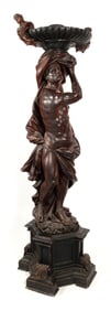 CARVED WOODEN CLASSICAL FIGURE Early 20th Century Height 92". Length across bowl 32".