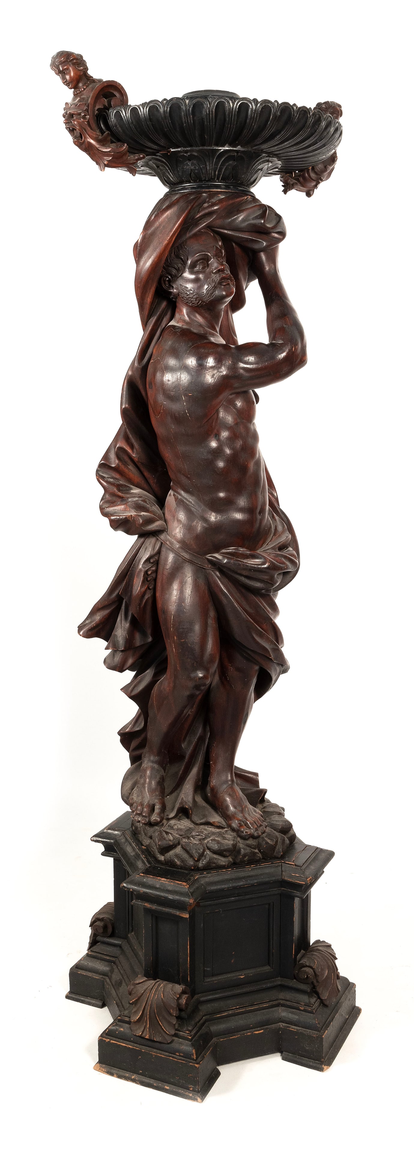 CARVED WOODEN CLASSICAL FIGURE Early 20th Century Height 92". Length across bowl 32". (1 of 5)