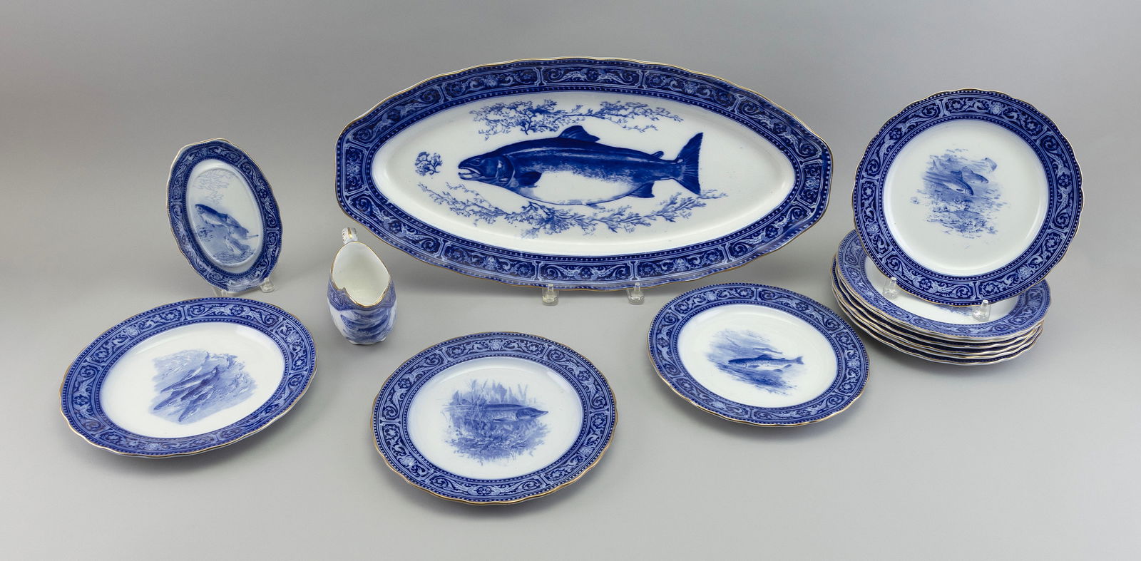 ROYAL DOULTON FLOW BLUE PORCELAIN FISH SERVICE England, Late 19th/Early 20th Century (1 of 1)