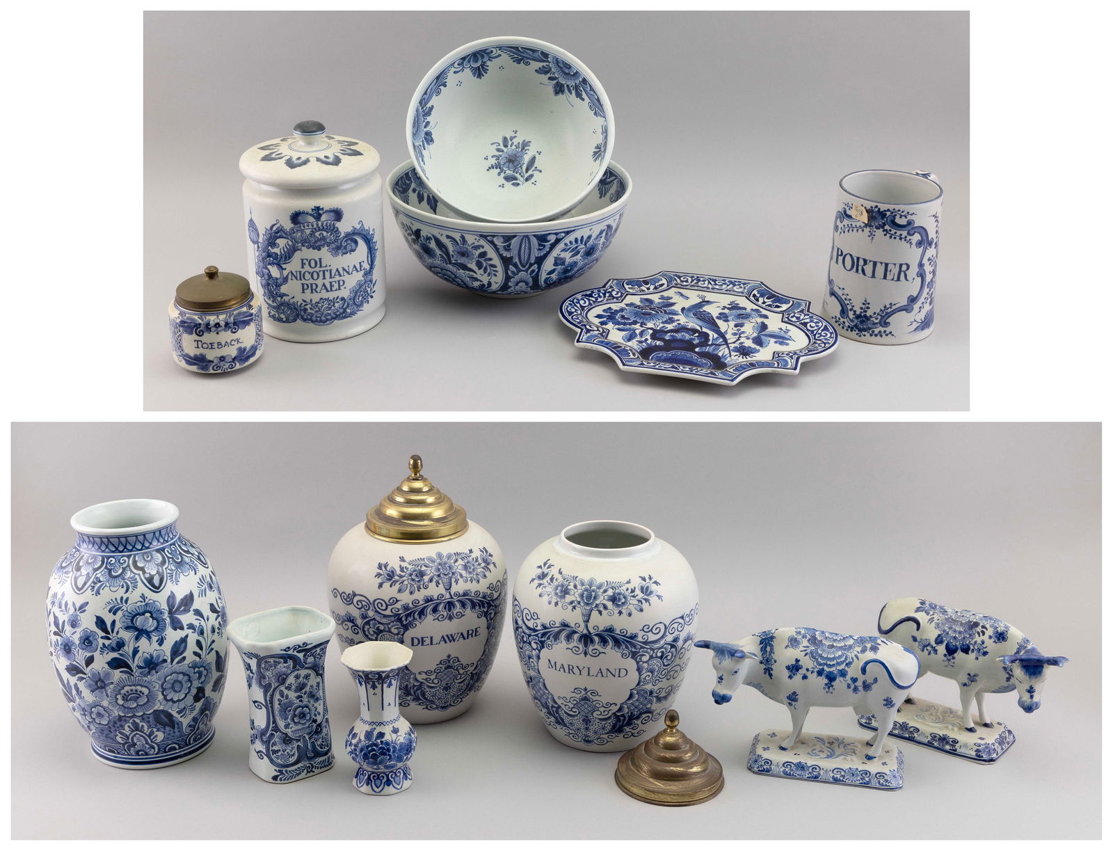 THIRTEEN PIECES OF BLUE AND WHITE DELFT 20th Century Heights from 4.5" to 12.5". (1 of 5)