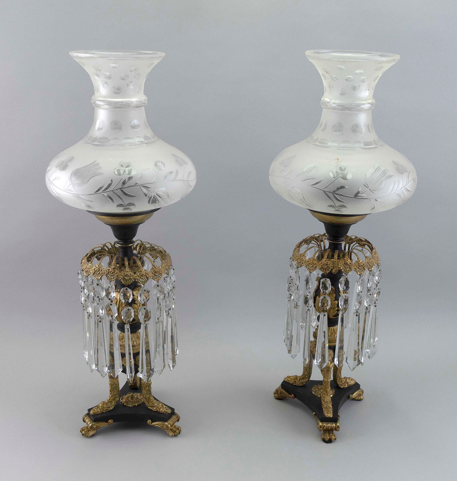 PAIR OF FRENCH EMPIRE BRONZE AND IRON FLUID LAMPS Mid- to Late 19th Century Heights 26.5". Shade (1 of 1)