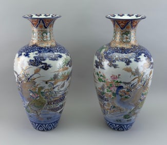 PAIR OF JAPANESE SATSUMA PORCELAIN TEMPLE VASES Late Meiji Period, Early 20th Century Heights 24".