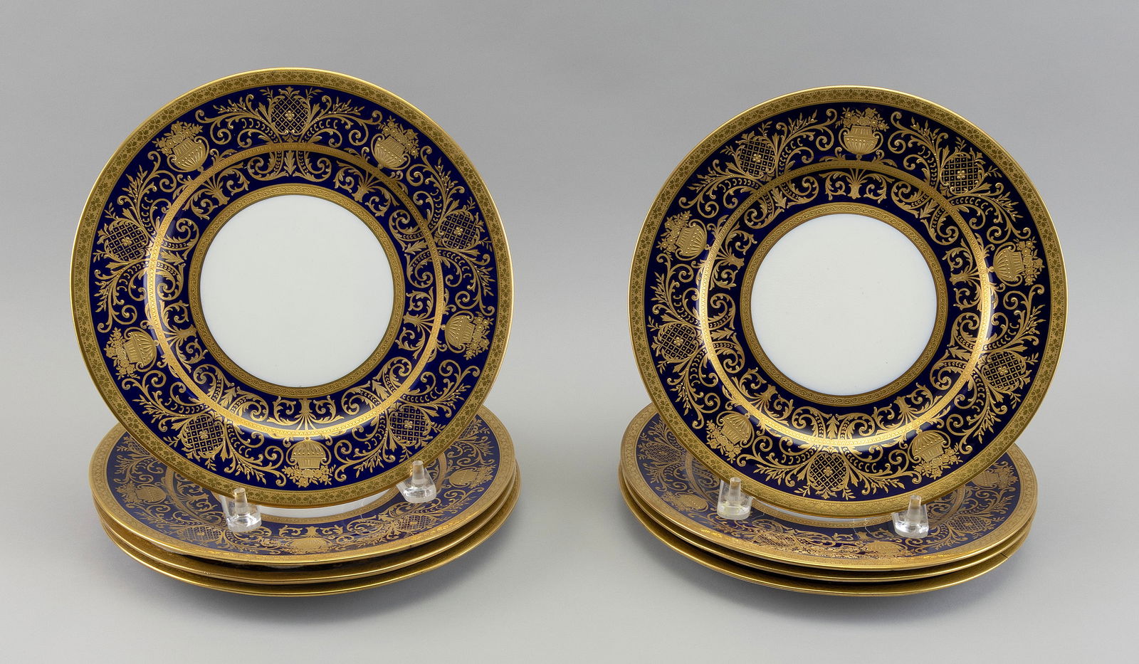 SET OF EIGHT ROYAL CROWN DERBY CHELSEA "MORRIS" PORCELAIN PLATES Early 20th Century Diameters 10". (1 of 2)