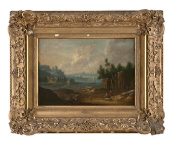 ATTRIBUTED TO THEOBALD MICHAU (Belgium, 1676-1765), "Bord de Riviere, Paysage"., Oil on canvas, 11"