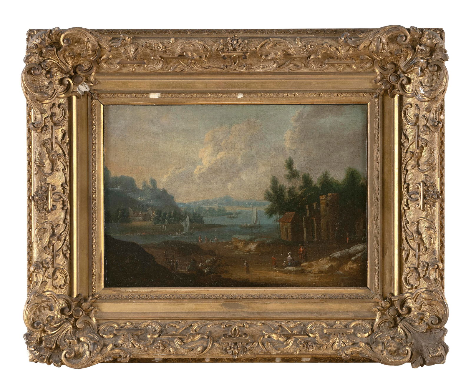 ATTRIBUTED TO THEOBALD MICHAU (Belgium, 1676-1765), "Bord de Riviere, Paysage"., Oil on canvas, 11"
