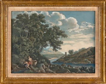 CONTINENTAL SCHOOL (18th Century,), "Mercury, Argos and Io"., Colored engraving, 13" x 17". Framed