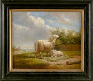 EUGENE VERBOECKHOVEN (Belgium, 1798/99-1881), Two sheep in a pasture., Oil on board, 10.25" x