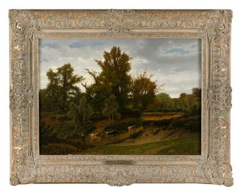 JEAN PIERRE FRANCOIS LAMORINIERE (Belgium, 1828-1911), Herding cattle., Oil on panel, 18" x 24".