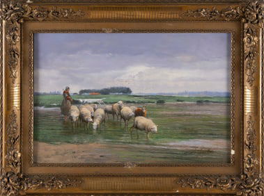JEF LOUIS VAN LEEMPUTTEN (Belgium, 1865-1948), Shepherdess and her flock., Oil on panel, 16" x
