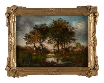 LEON-VICTOR DUPRE (France, 1816-1879), Figure at a stream., Oil on panel, 8.25" x 12". Framed 11.5"