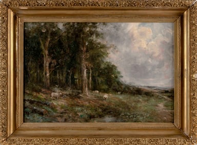 PAUL DESIRE TROUILLEBERT (France, 1829-1900), Landscape with sheep., Oil on cradled board, 19.5" x