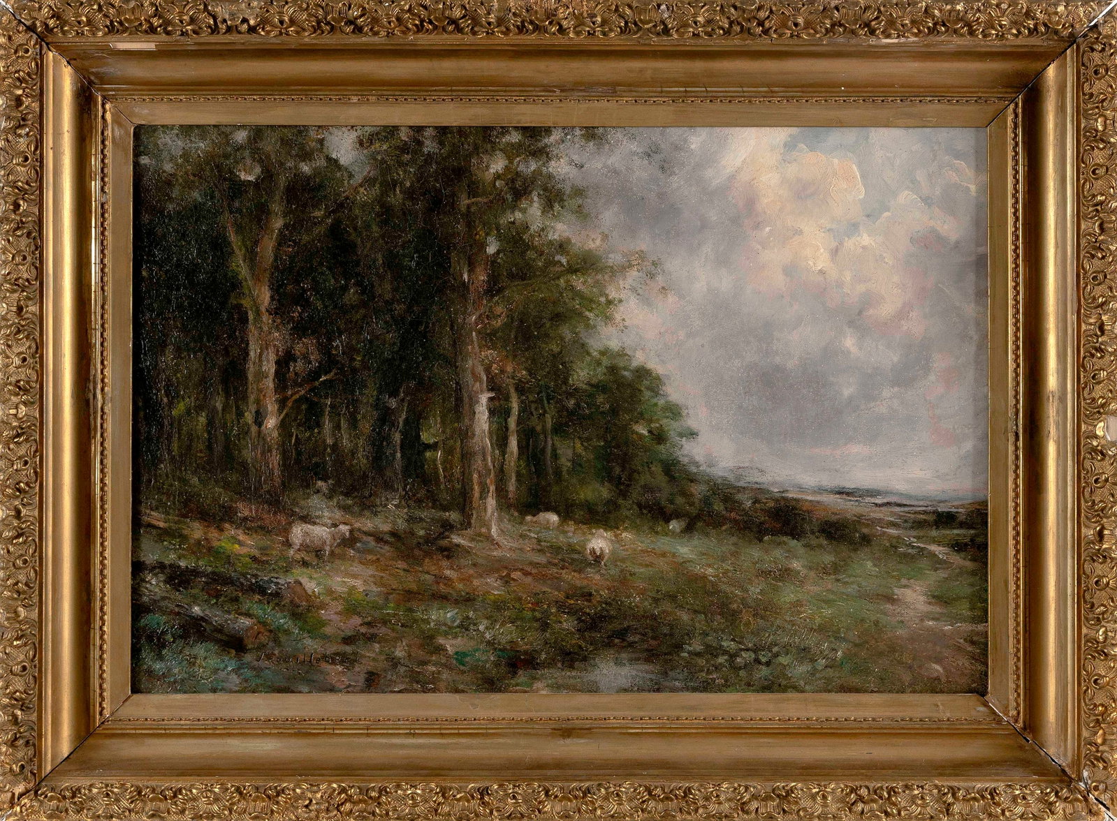 PAUL DESIRE TROUILLEBERT (France, 1829-1900), Landscape with sheep., Oil on cradled board, 19.5" x: PAUL DESIRE TROUILLEBERT France, 1829-1900 Landscape with sheep. Signed lower left "Trouillebert". Oil on cradled board, 19.5" x 29.5". Framed 26" x 36". Notes: Paul Desire Trouillebert began his arti