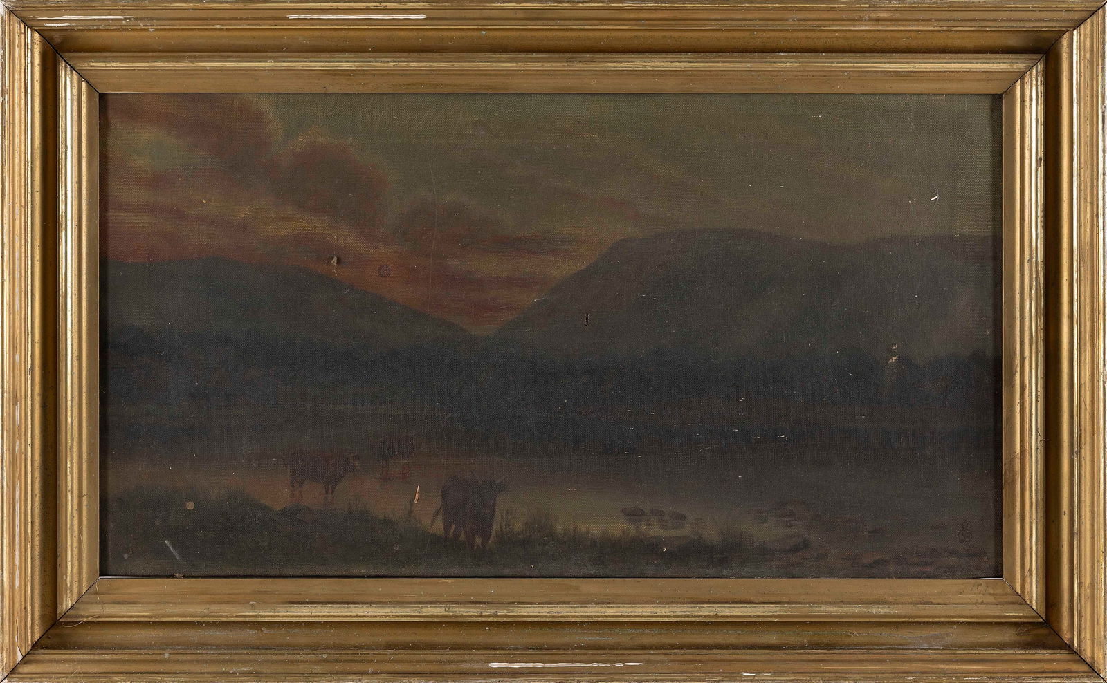 CONTINENTAL SCHOOL (19th Century,), Cows at a river., Oil on canvas, 15.75" x 30.25". Framed 22" x (1 of 2)