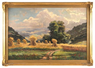 RUDOLF WEBER (Austria/Germany, 1872-1949), Haystacks in rolling farmlands., Oil on masonite, 24" x