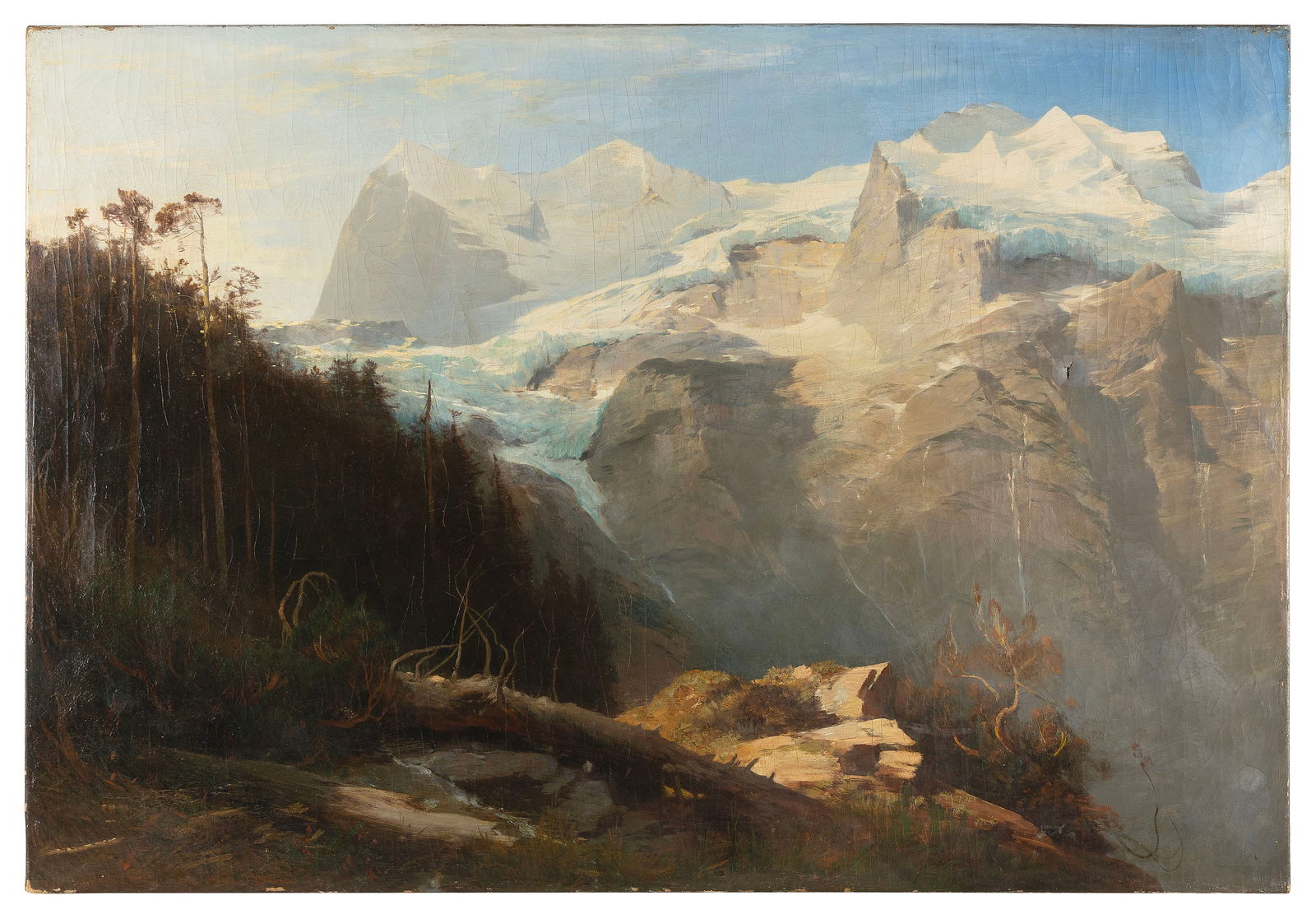GERMAN SCHOOL (19th Century,), Expansive landscape with snow-covered mountains., Oil on canvas, 31" (1 of 3)
