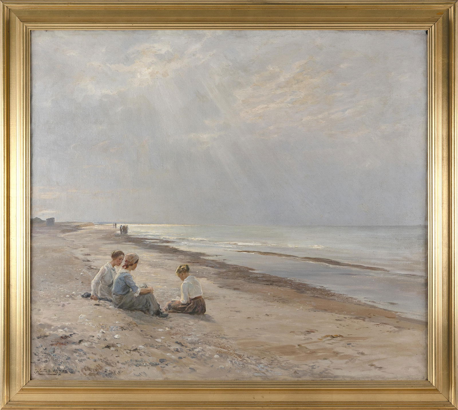 KNUD ERIK LARSEN (Denmark, 1865-1922), Three girls seated on the beach., Oil on canvas, 33.5" x 38". (1 of 3)