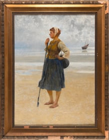 AUGUST VILHELM NIKOLAUS HAGBORG (Sweden, 1852-1921), A woman standing on the beach., Oil on canvas,