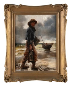 GEORGES JEAN MARIE HAQUETTE (France, 1854-1906), Fisherman on the shore., Oil on panel, 12.25" x
