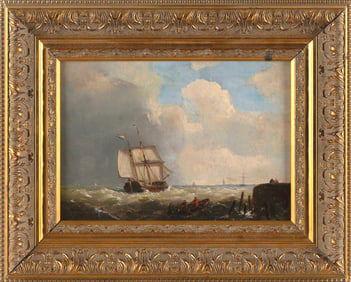 HERMANUS KOEKKOEK (The Netherlands, 1815-1882), Ship off the coast., Oil on canvas, 9.75" x 14".
