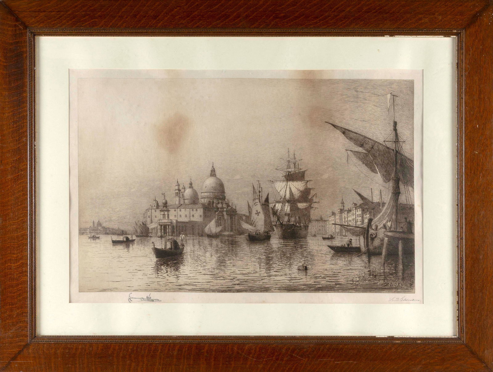 LEMUEL D. ELDRED (Massachusetts, 1848-1921), Venetian harbor., Etching, 19.5" x 29.75". Framed (1 of 2)