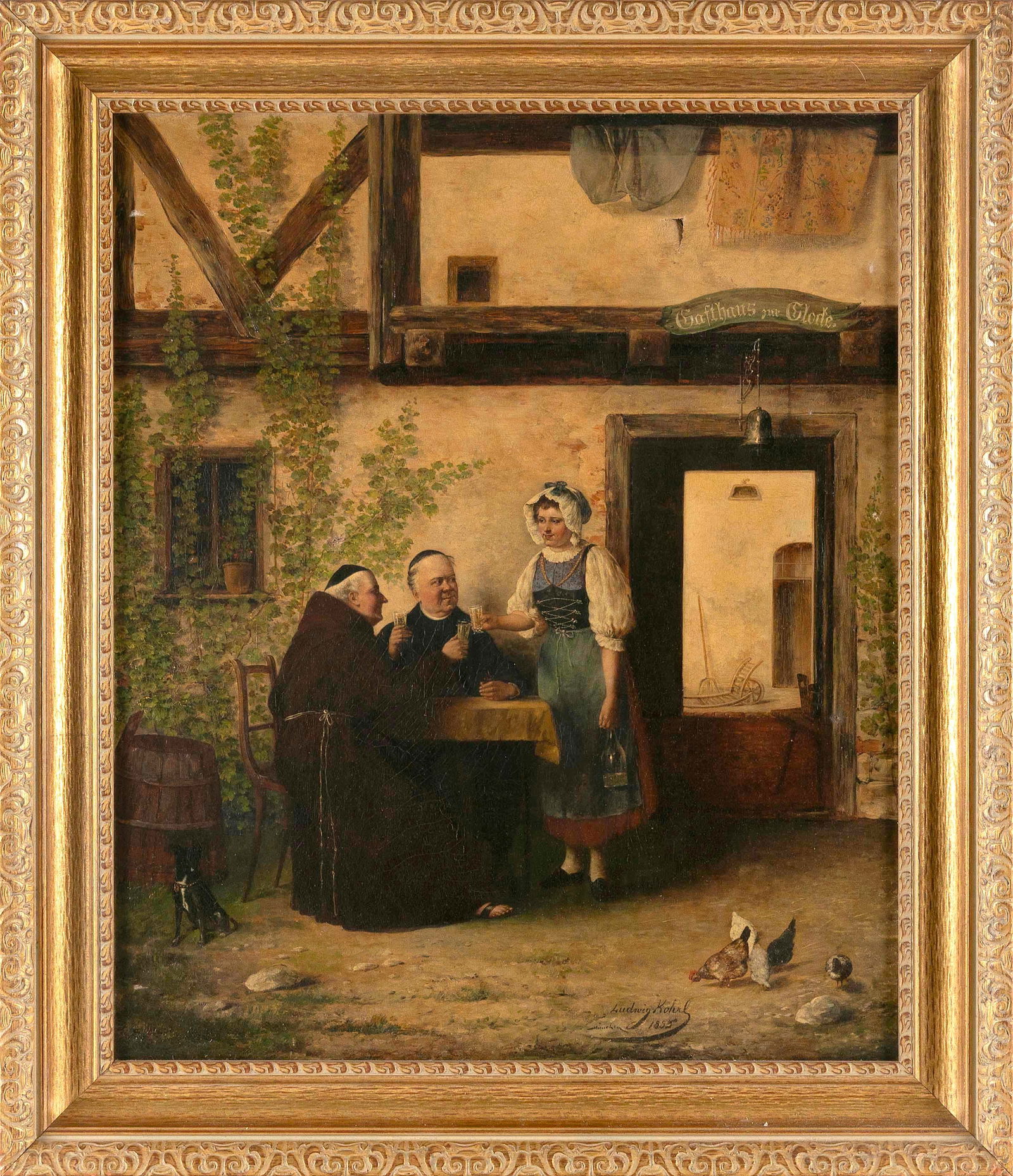 LUDWIG KOHRL (Germany, 1858-1927), Friars enjoying a drink outside an inn., Oil on canvas, 27" x (1 of 2)
