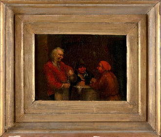 CONTINENTAL SCHOOL (19th Century,), Interior scene with three figures gathered around a barrel