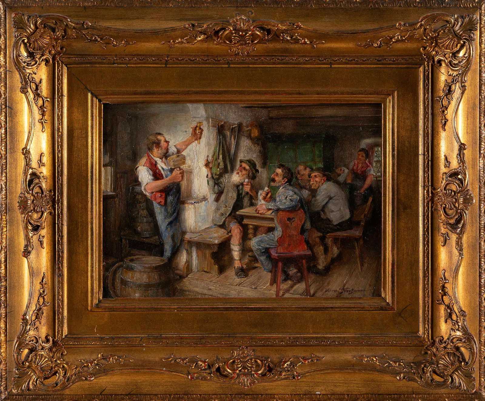 HERMANN KAUFFMANN JR. (Germany, 1873-1953), Tavern scene., Oil on canvas, 8.25" x 12". Framed 16.25" (1 of 2)