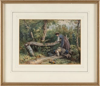 ENGLISH OR CONTINENTAL SCHOOL , Two children at a bridge., Gouache/watercolor on paper, 5" x 7".