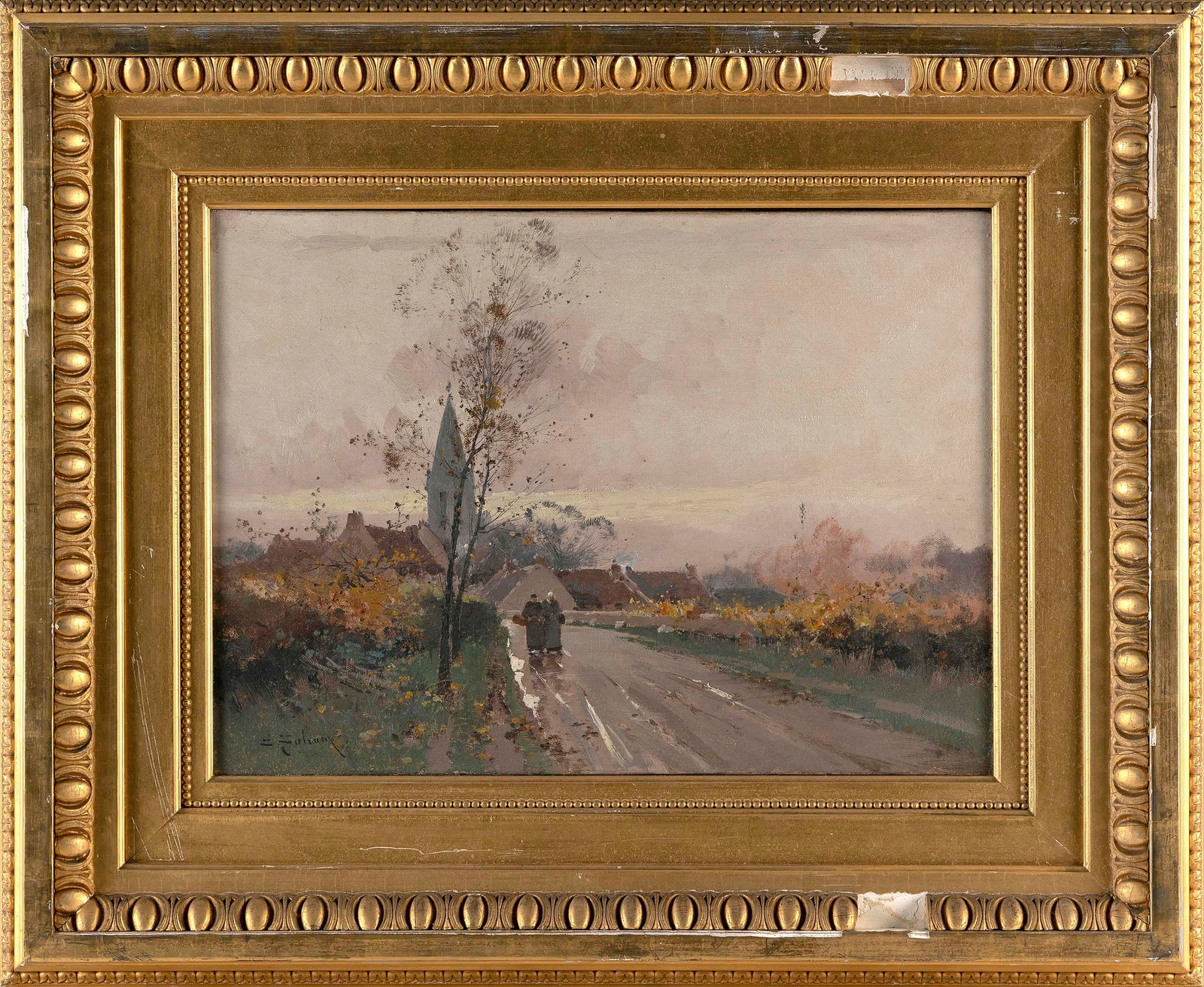 EUGENE GALIEN-LALOUE (France, 1854-1941), Figures on a road, with a church in the distance., Oil on (1 of 2)