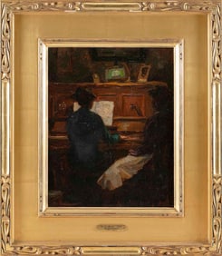 AUGUSTE KOHLER (Germany, 1881-1964), Woman at a piano., Oil on board, 14" x 11".