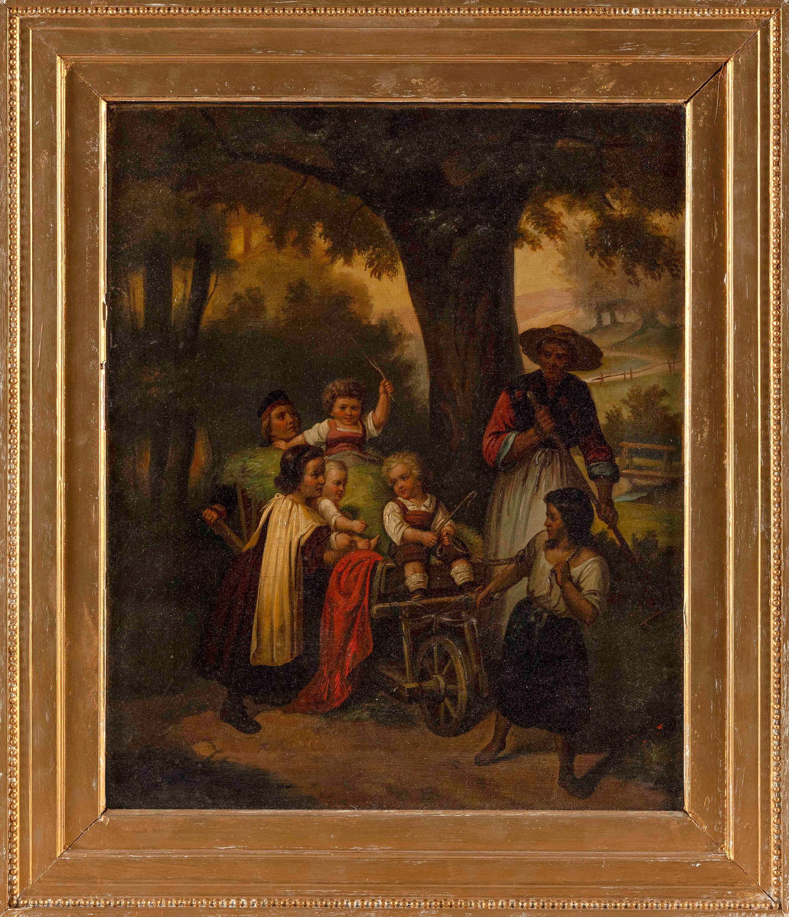 ADOLF EBERLE (Germany, 1843-1914), Several figures riding or walking alongside a cart., Oil on (1 of 2)