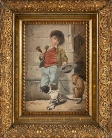 CONTINENTAL SCHOOL (Late 19th/Early 20th Century,), Boy with a pet monkey., Watercolor on paper,