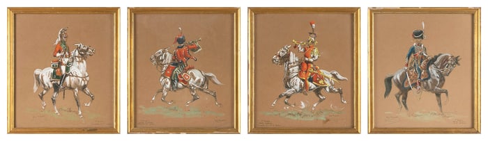 SET OF FOUR MIXED MEDIA MILITARY DRAWINGS Late 19th/Early 20th Century Framed 10.5" x 9.25".