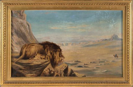 FRENCH SCHOOL (19th Century,), A lion lying in wait on a hillside., Oil on canvas, 18" x 30". Framed