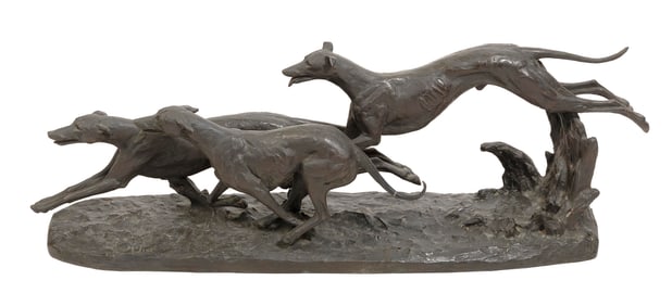 MAXIMILIEN LOUIS FIOT (France, 1886-1953), Three racing greyhounds., Bronze, height 13". Length