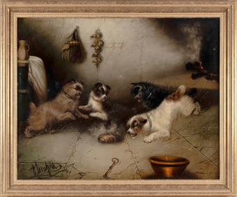 GEORGE ARMFIELD (United Kingdom, 1808-1893), Terriers at play., Oil on canvas laid down on board,