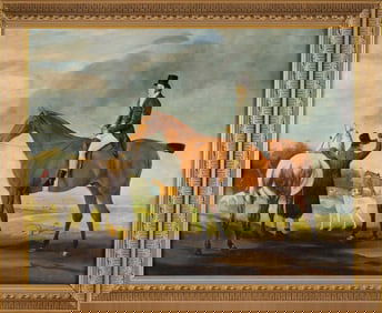 ENGLISH SCHOOL (Late 20th Century,), Horse and rider readying for a fox hunt., Oil on canvas, 29" x