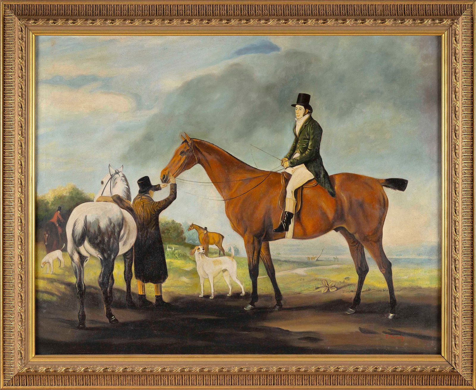 ENGLISH SCHOOL (Late 20th Century,), Horse and rider readying for a fox hunt., Oil on canvas, 29" x (1 of 2)