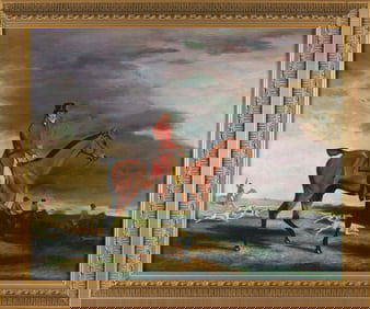 ENGLISH SCHOOL (Late 20th Century,), Figure on horseback in a fox hunt., Oil on canvas, 29" x 35.5".