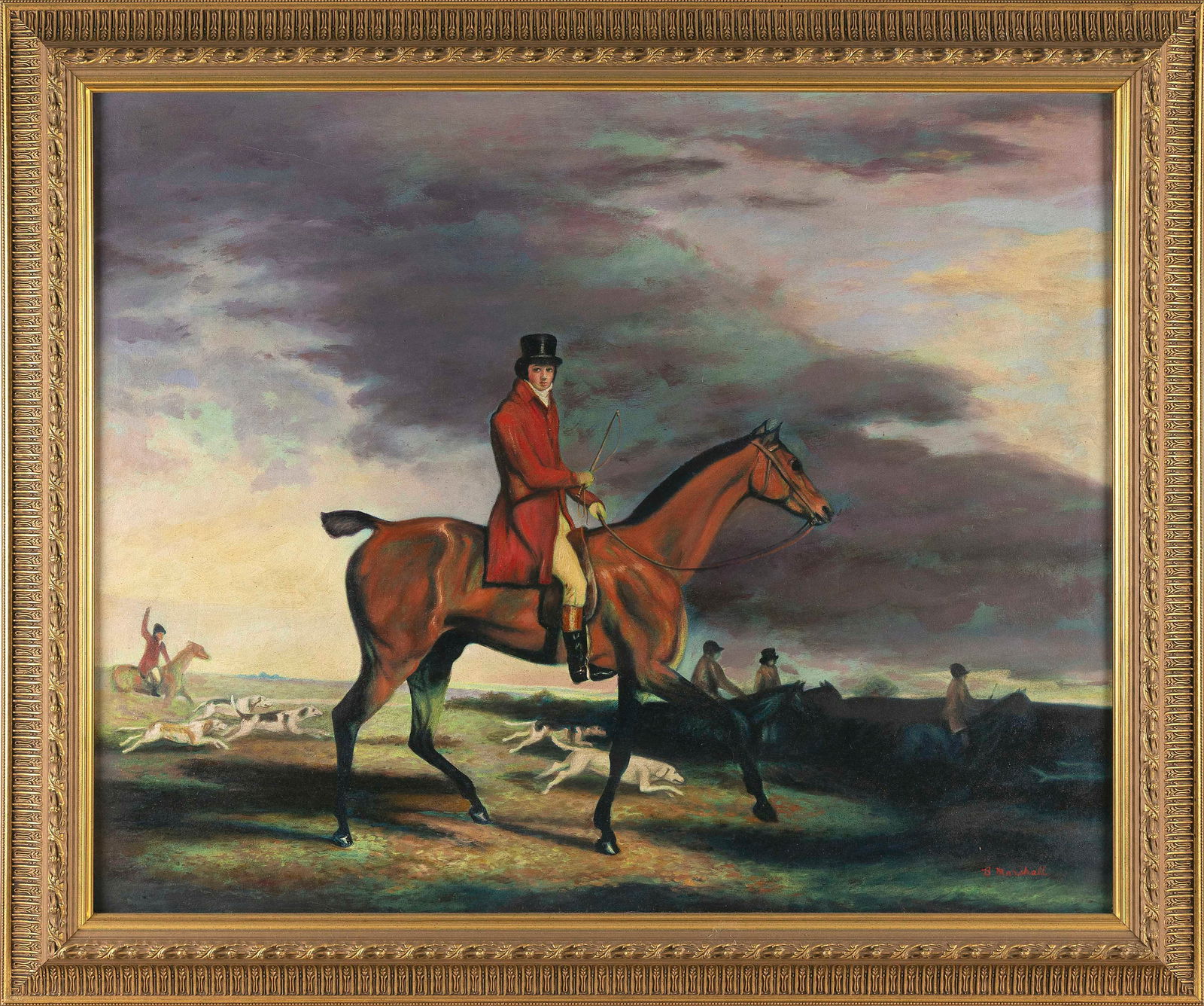 ENGLISH SCHOOL (Late 20th Century,), Figure on horseback in a fox hunt., Oil on canvas, 29" x 35.5". (1 of 2)