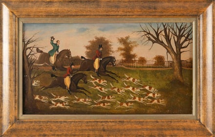 CONTINENTAL SCHOOL (20th Century,), Fox hunting scene with three riders and several hounds., Oil on