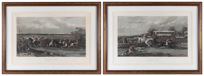TWO HAND-COLORED ENGRAVINGS "THE FIRST FLIGHT" AND "THE LAST DITCH" England, 19th Century 22" x 34"