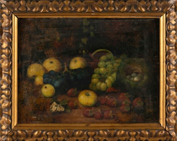 BRITISH SCHOOL (Late 19th Century,), Still life of fruit and a bird's nest., Oil on canvas, 12" x