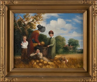 JOHN SMART (Britain, Mid-19th Century), Children gathering wheat., Oil on board, 11" x 14". Framed